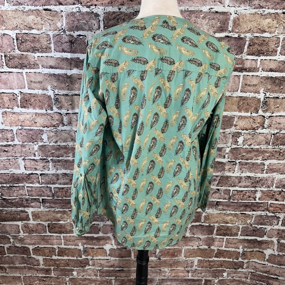 Bit & Bridle Women Teal Feather Print Pintuck Boho Blouse Top X-Large Cow Girl - Picture 6 of 13